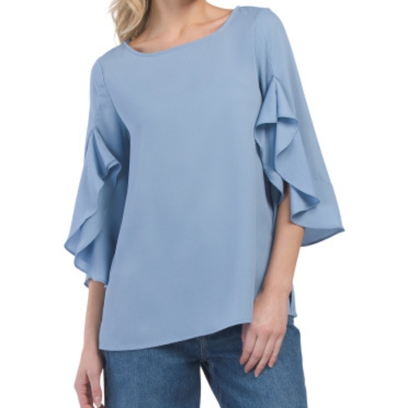 Counterparts Tops - Elegant Blue Ruffle Sleeve Women's Top